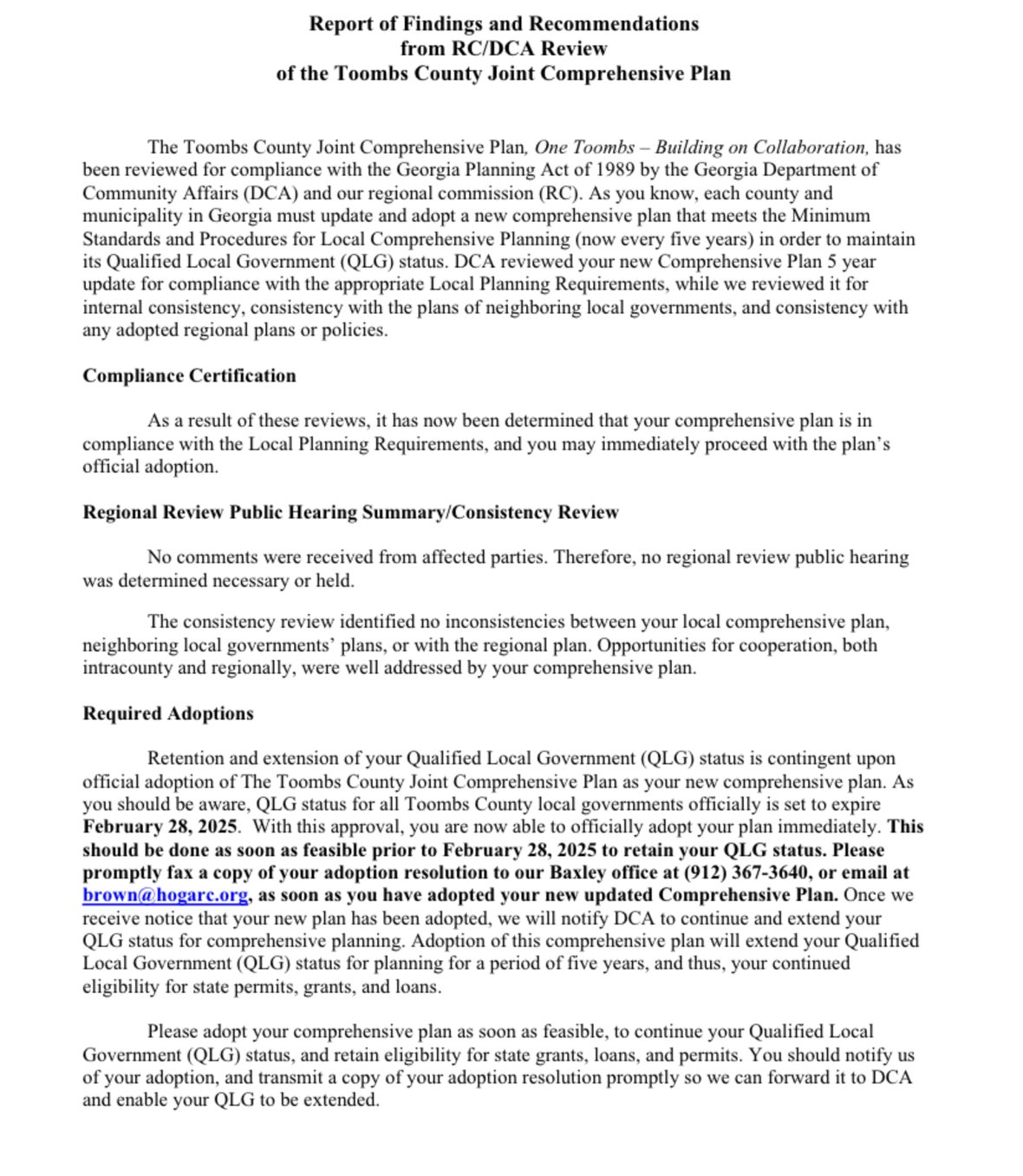 Report of Findings and Recommendations from RC/DCA Review of the Toombs County Joint Comprehensive Plan